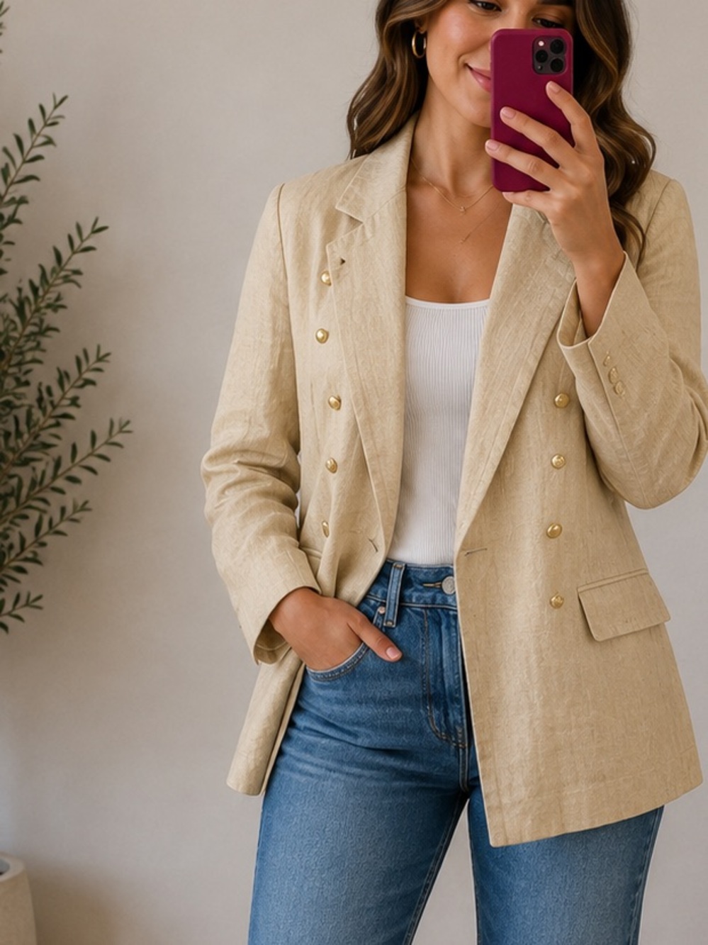 Anthropologie Madchen Womens Classic linen Blazer beige Long Sleeve Size small